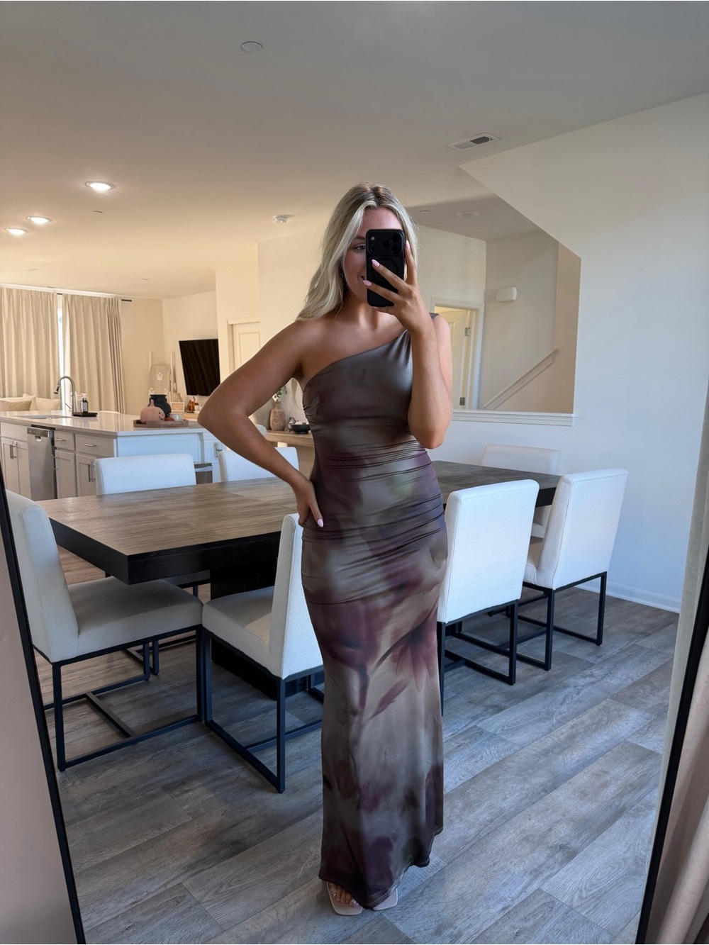 These three one shoulder Tara maxi dress tir dye